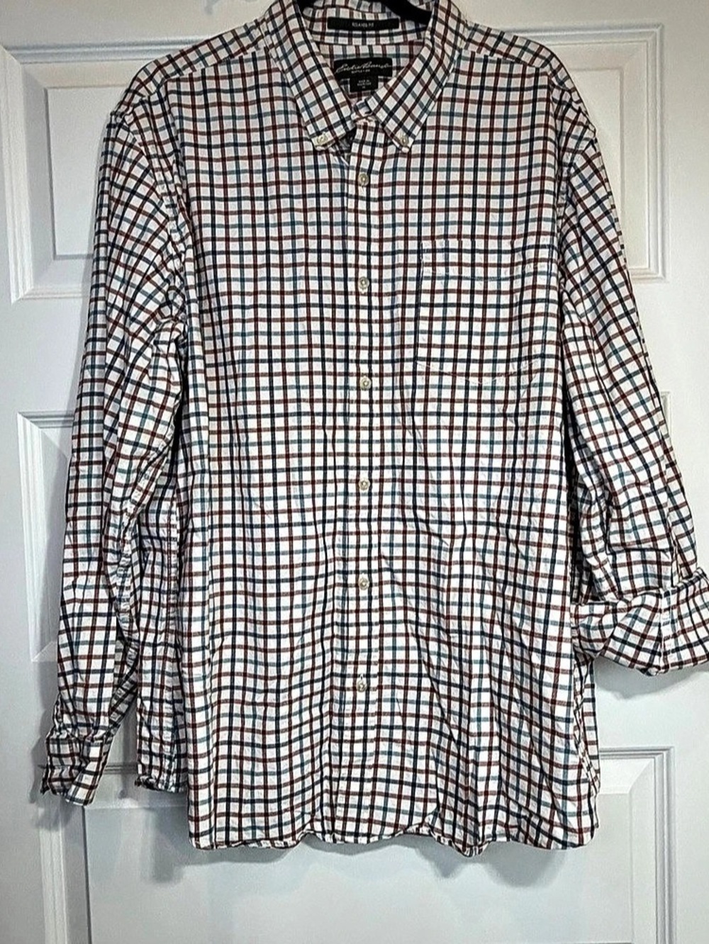 Eddie Bauer Men’s XL Plaid Shirt Blue Burnt Orange 100% Cotton Relaxed Fit 1131
